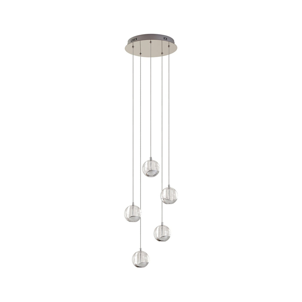 LED pendellampe Hayley 5-lys glass krom nærbilde av kromdetalj