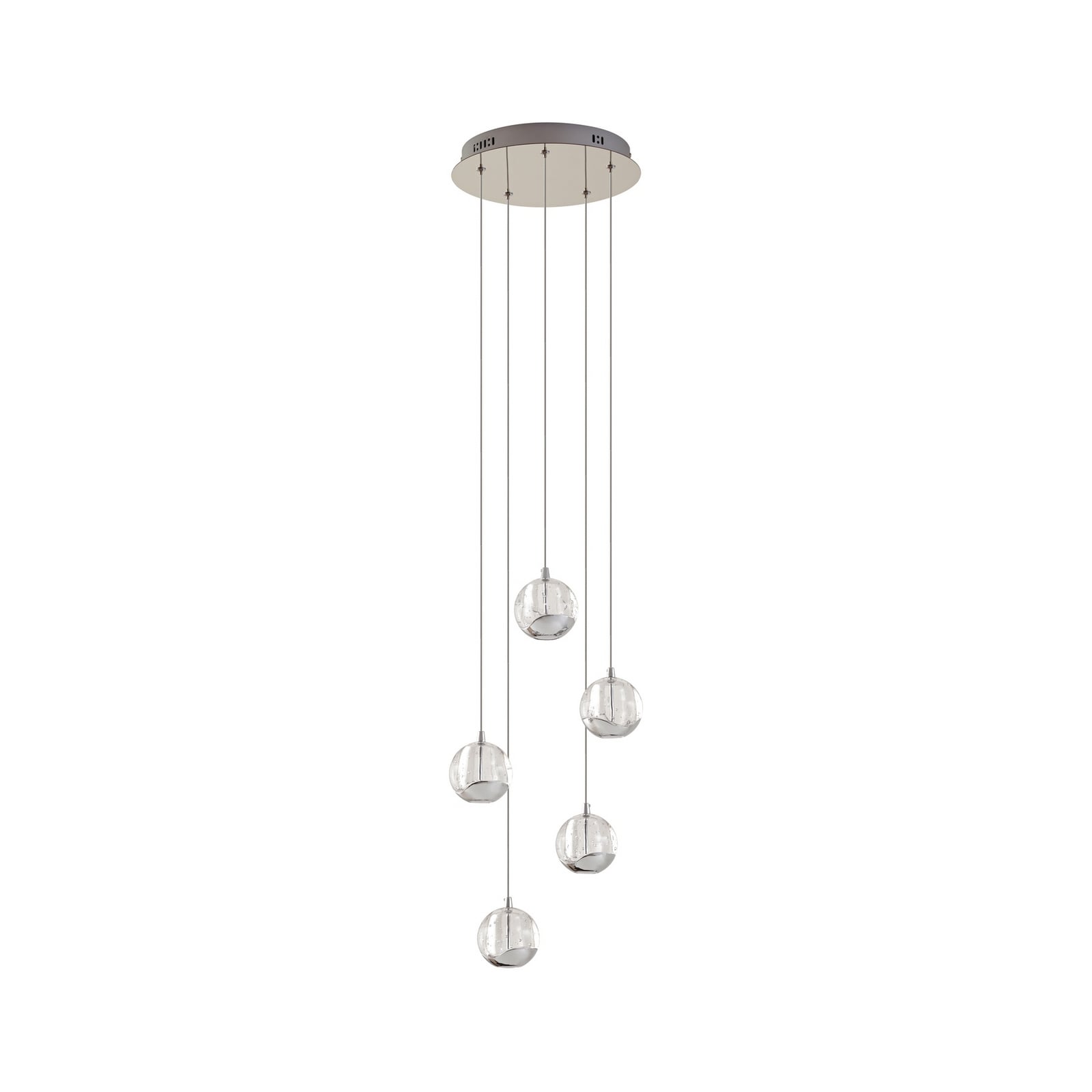 LED pendellampe Hayley 5-lys glass krom nærbilde av kromdetalj