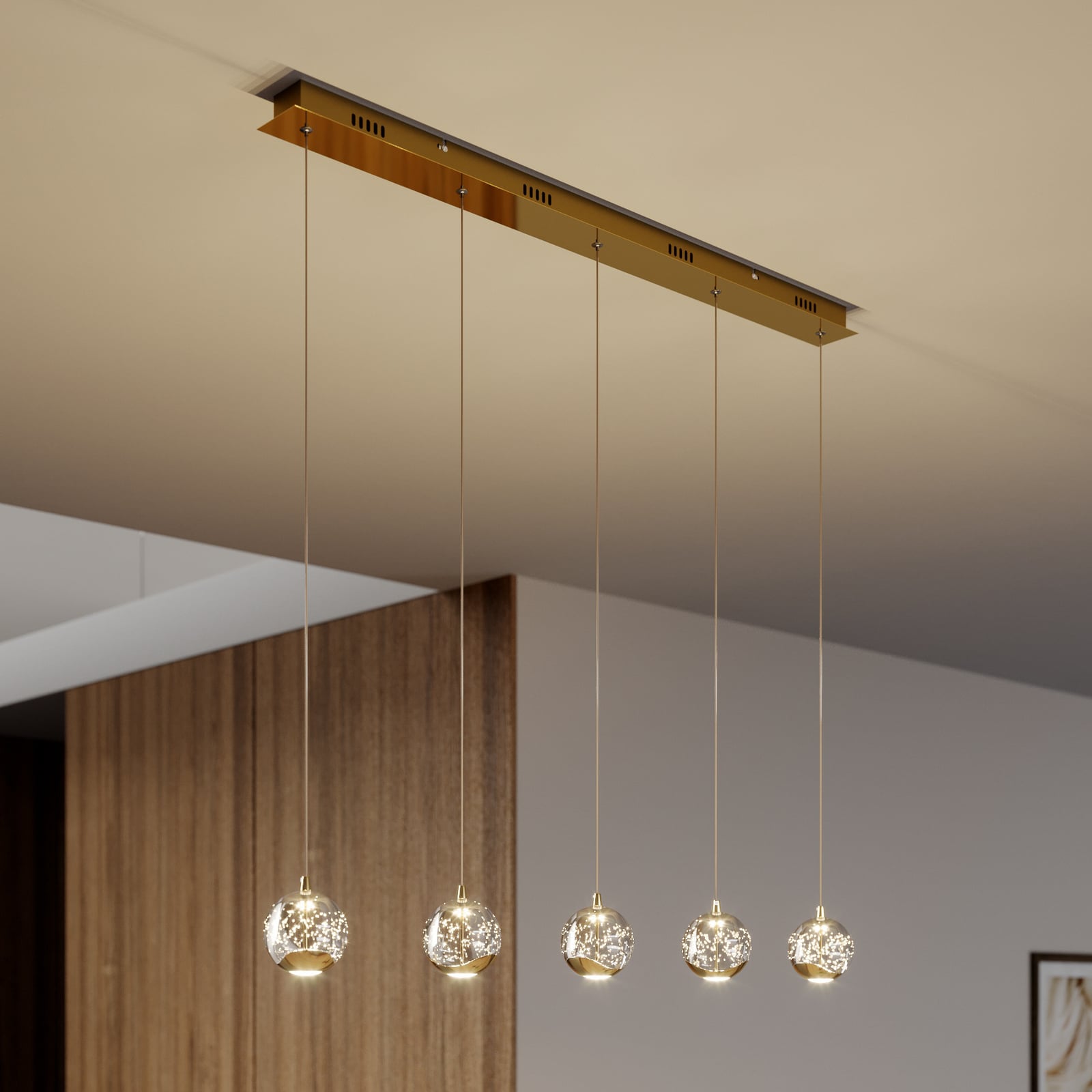 LED pendellampe Hayley 5-lys glass kuleform 96 cm gull forfra