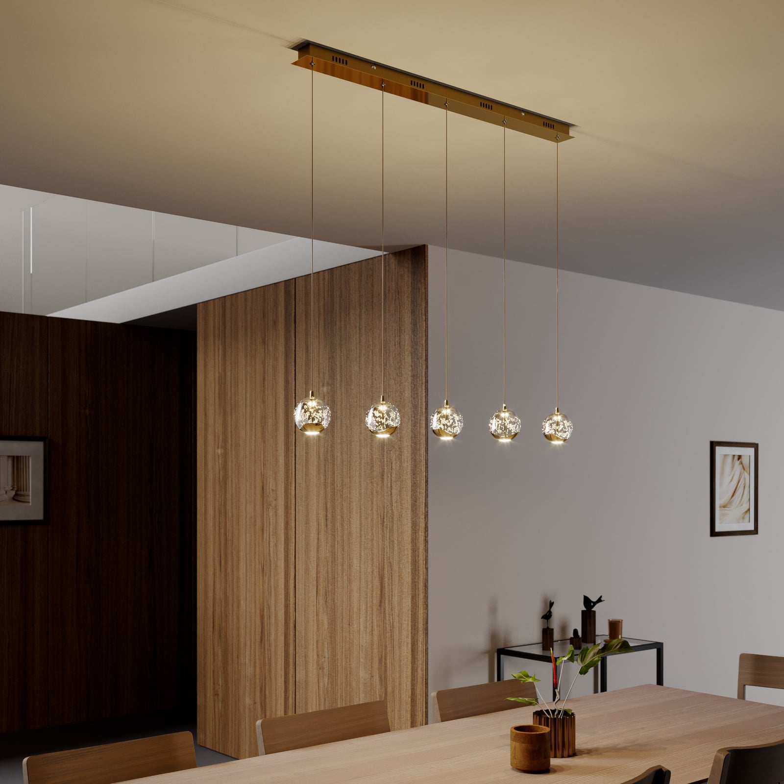 LED pendellampe Hayley 5-lys glass kuleform 96 cm gull bakside