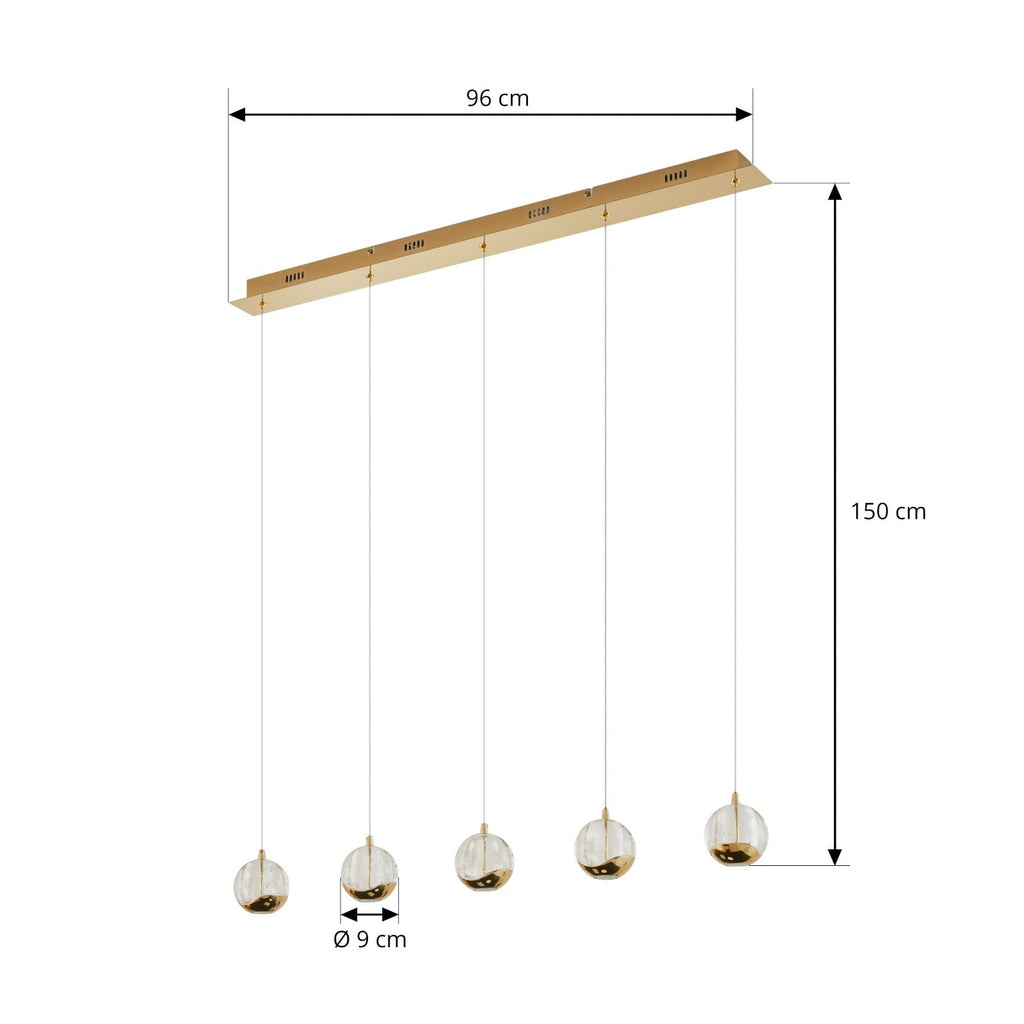 Detalj av LED pendellampe Hayley 5-lys glass kuleform 96 cm gull