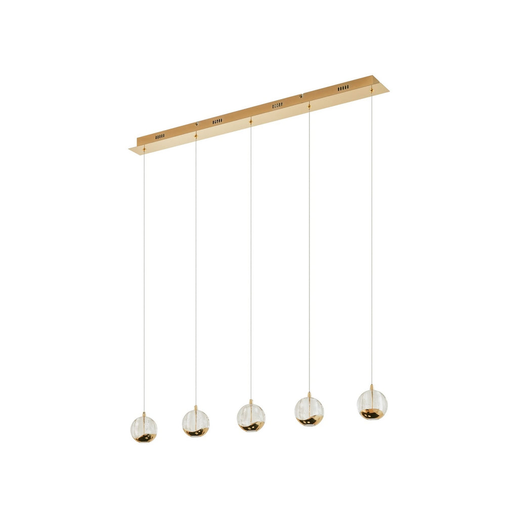 Nærbilde av glasskule på LED pendellampe Hayley 5-lys glass kuleform 96 cm gull