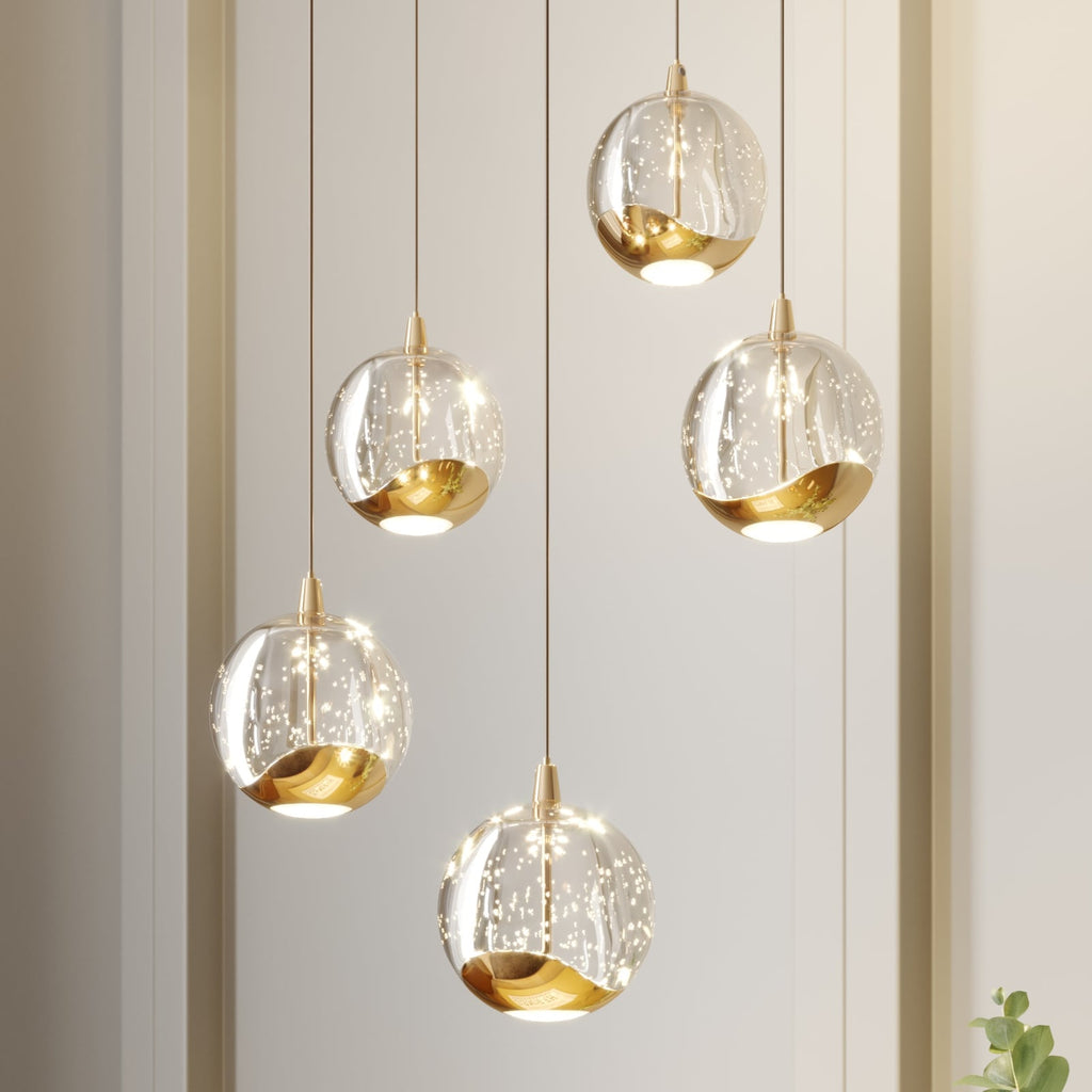 LED pendellampe Hayley 5-lys glass kuleform gull forfra