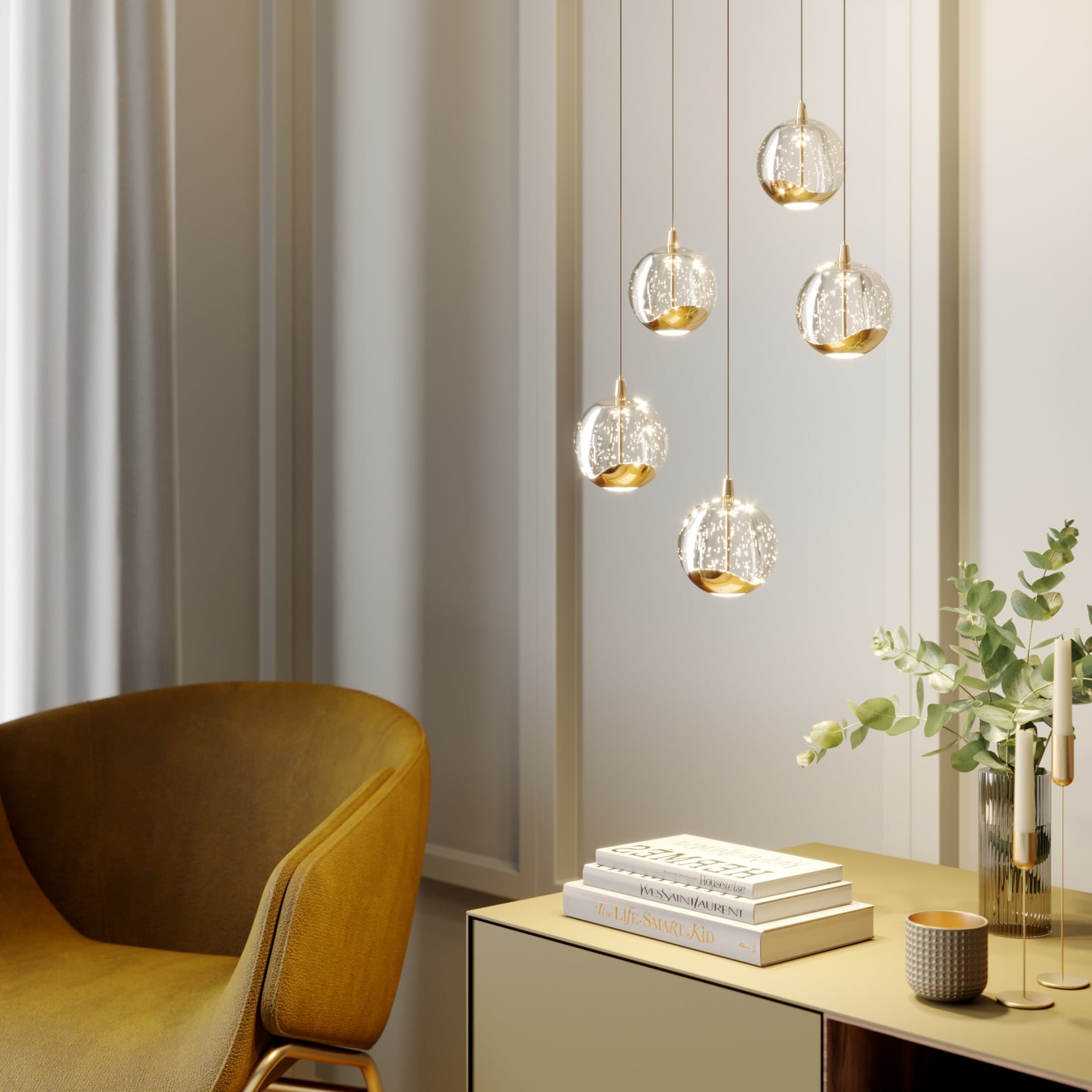 LED pendellampe Hayley 5-lys glass kuleform gull bakside