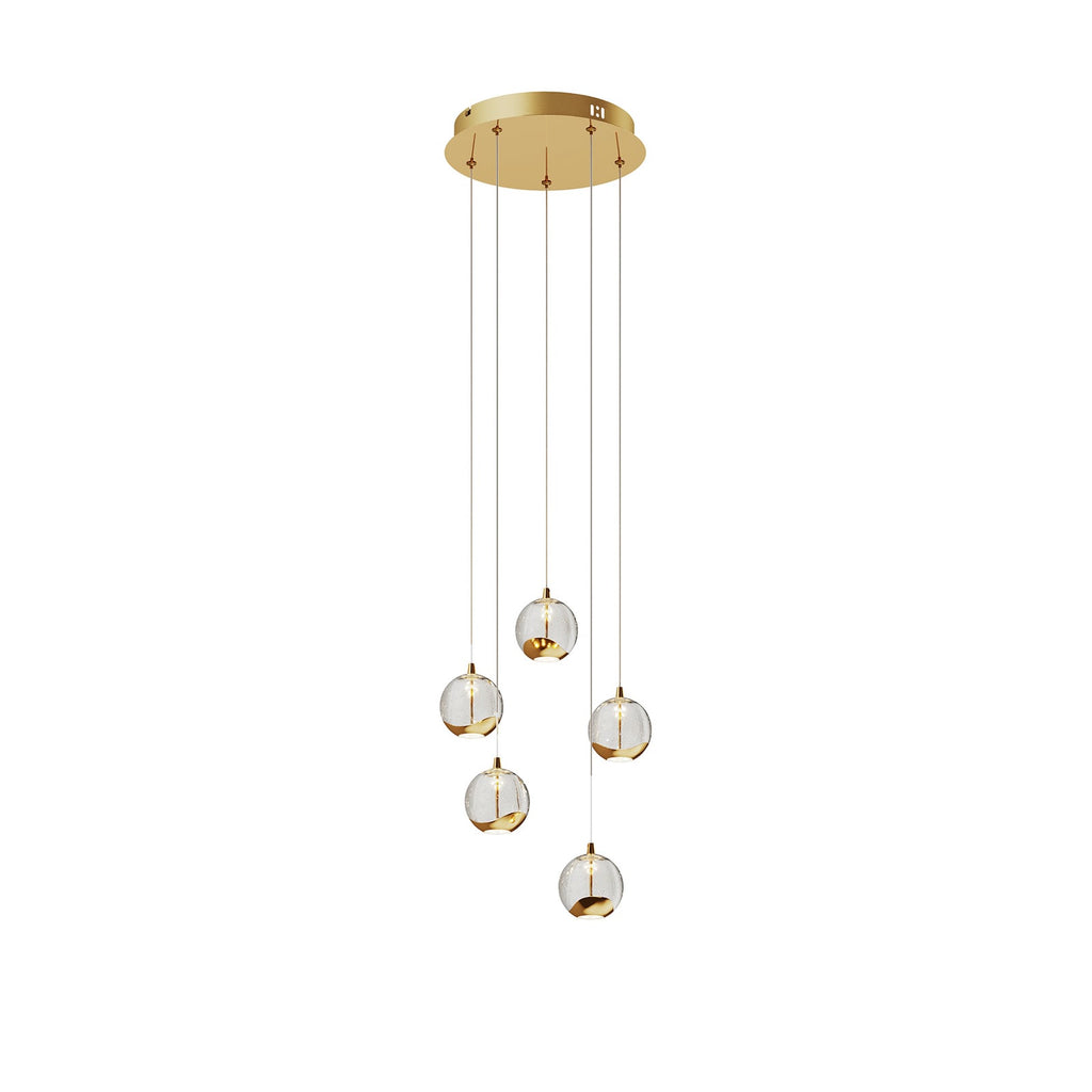 LED pendellampe Hayley 5-lys glass kuleform gull lysdetalj
