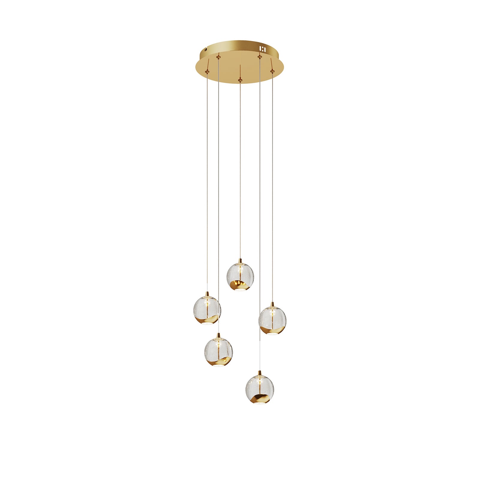 LED pendellampe Hayley 5-lys glass kuleform gull lysdetalj