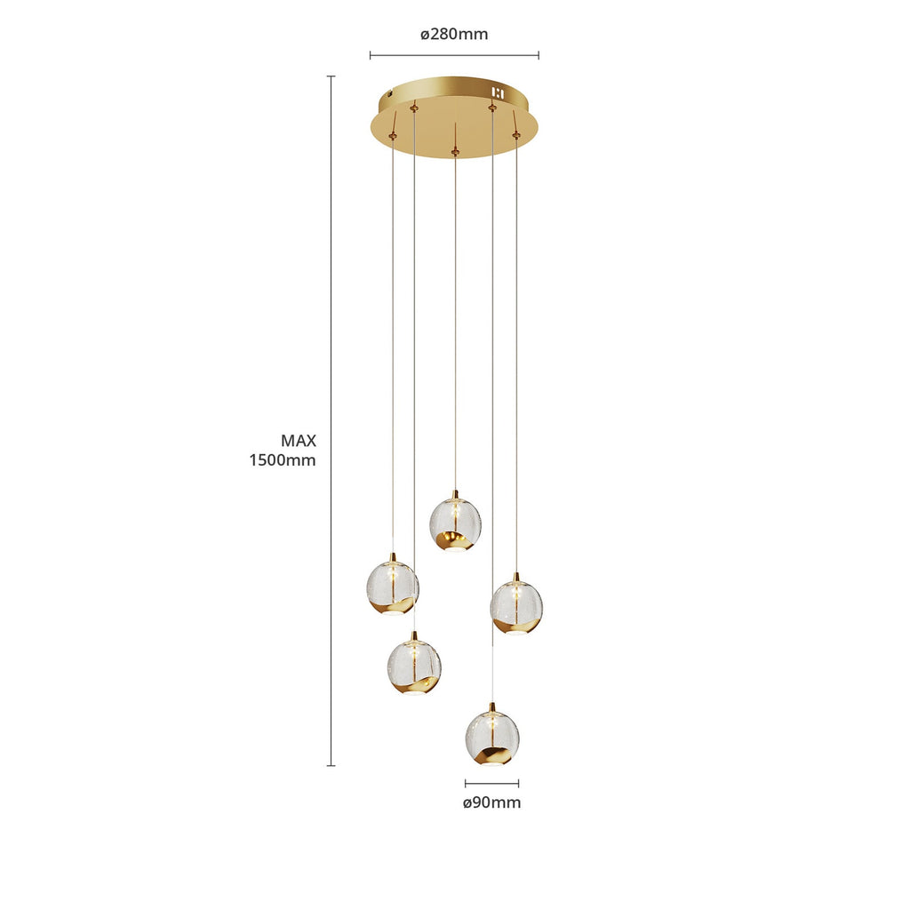 LED pendellampe Hayley 5-lys glass kuleform gull opphengslengde