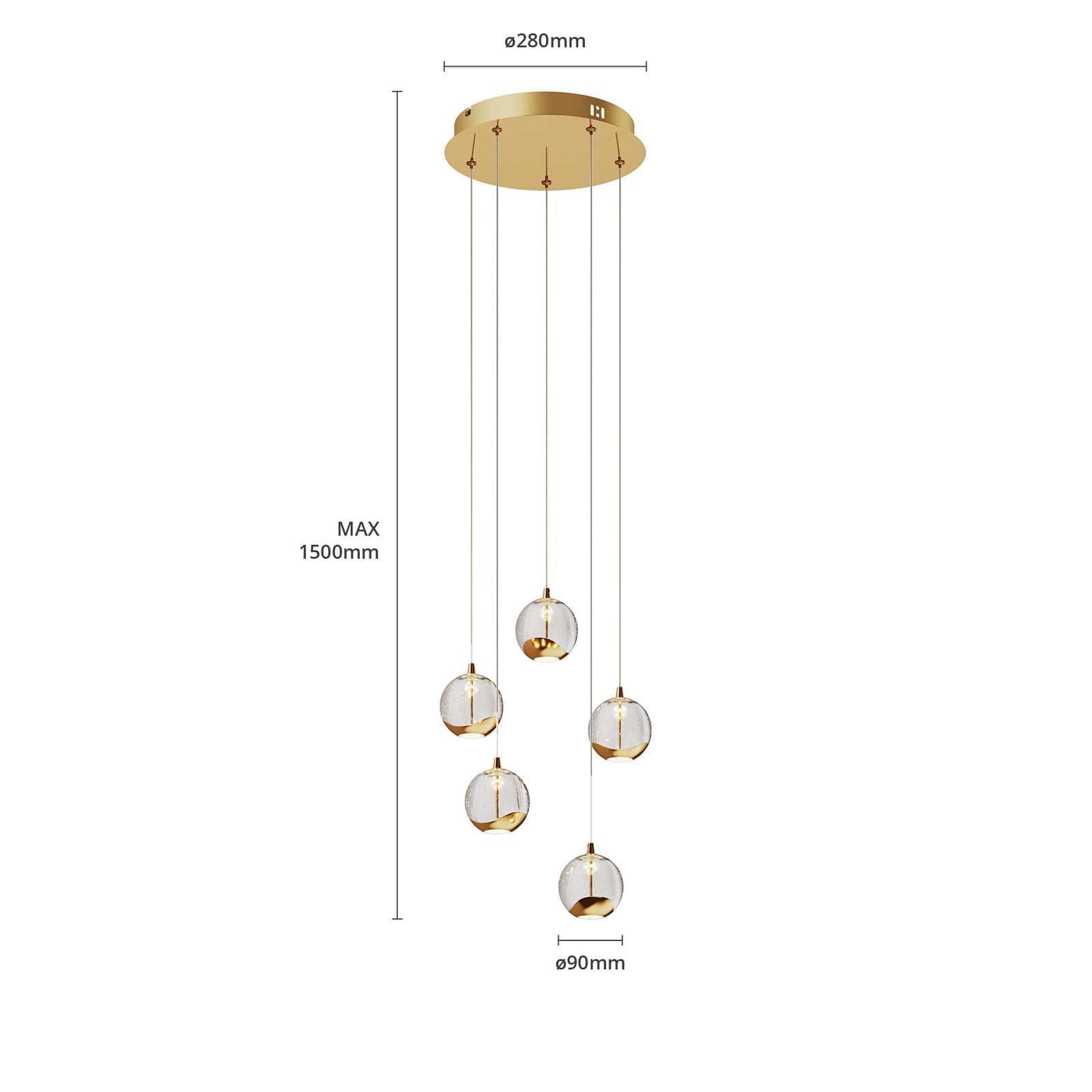 LED pendellampe Hayley 5-lys glass kuleform gull opphengslengde