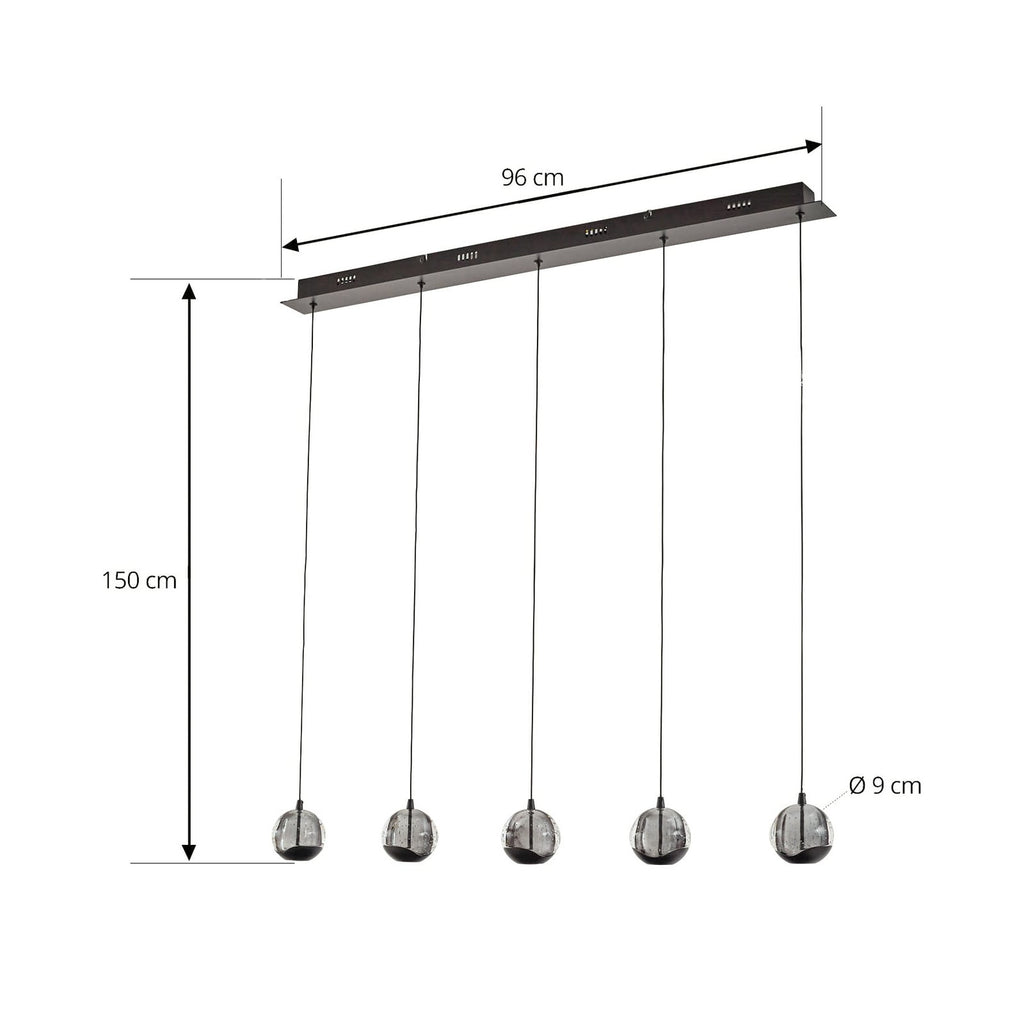 LED pendellampe Hayley 5-lys glass svart 96 cm detalj