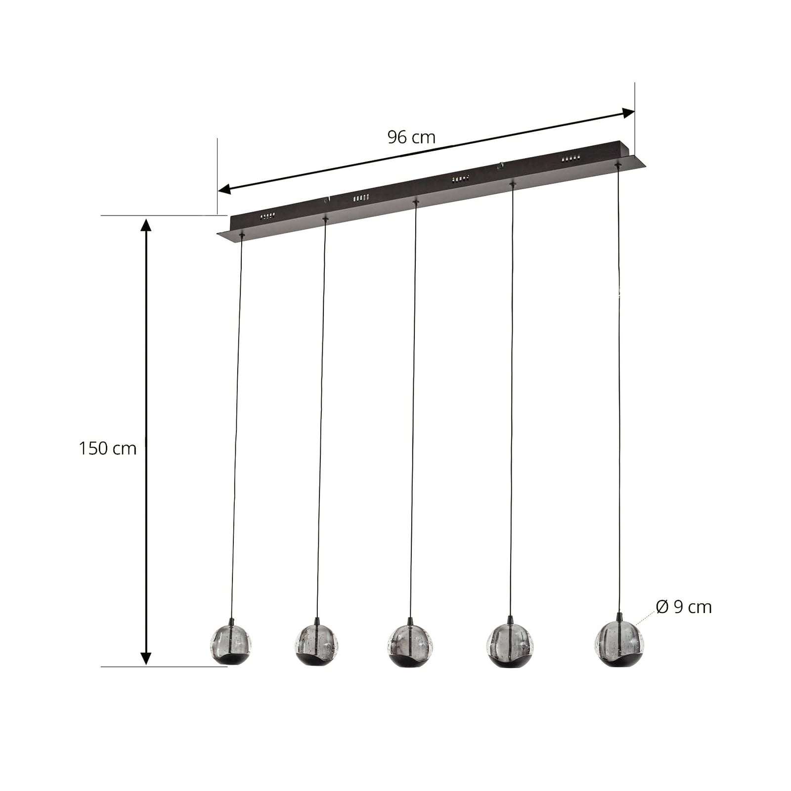 LED pendellampe Hayley 5-lys glass svart 96 cm detalj