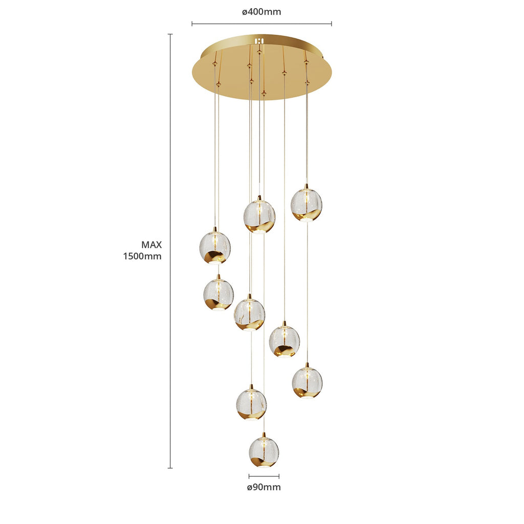 LED pendellampe Hayley 9-lys glass og gull med fokus på gullfinish