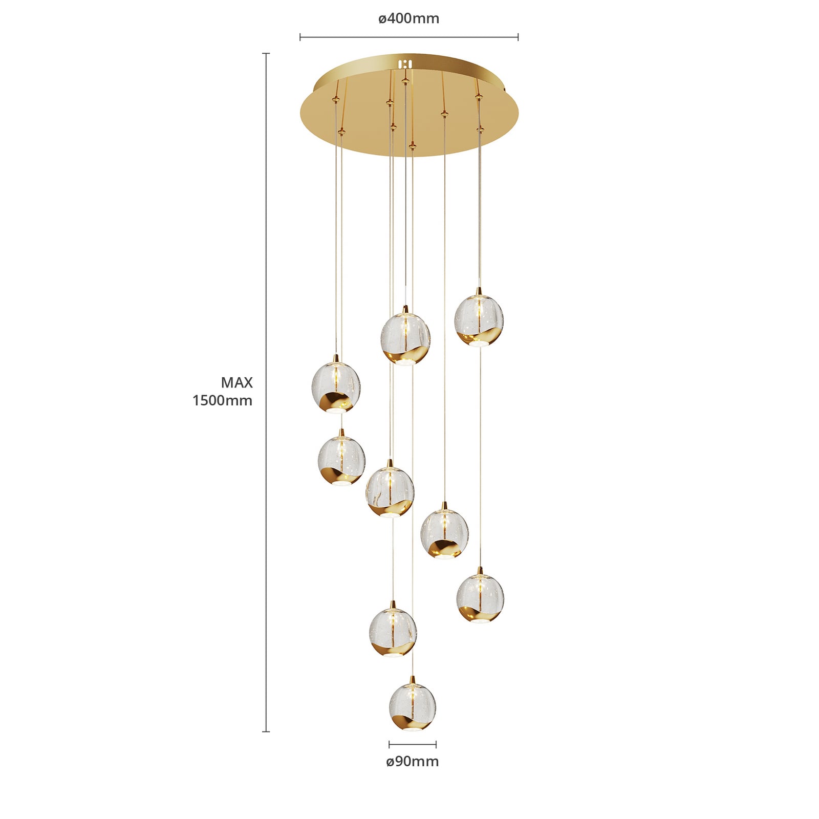 LED pendellampe Hayley 9-lys glass og gull med fokus på gullfinish