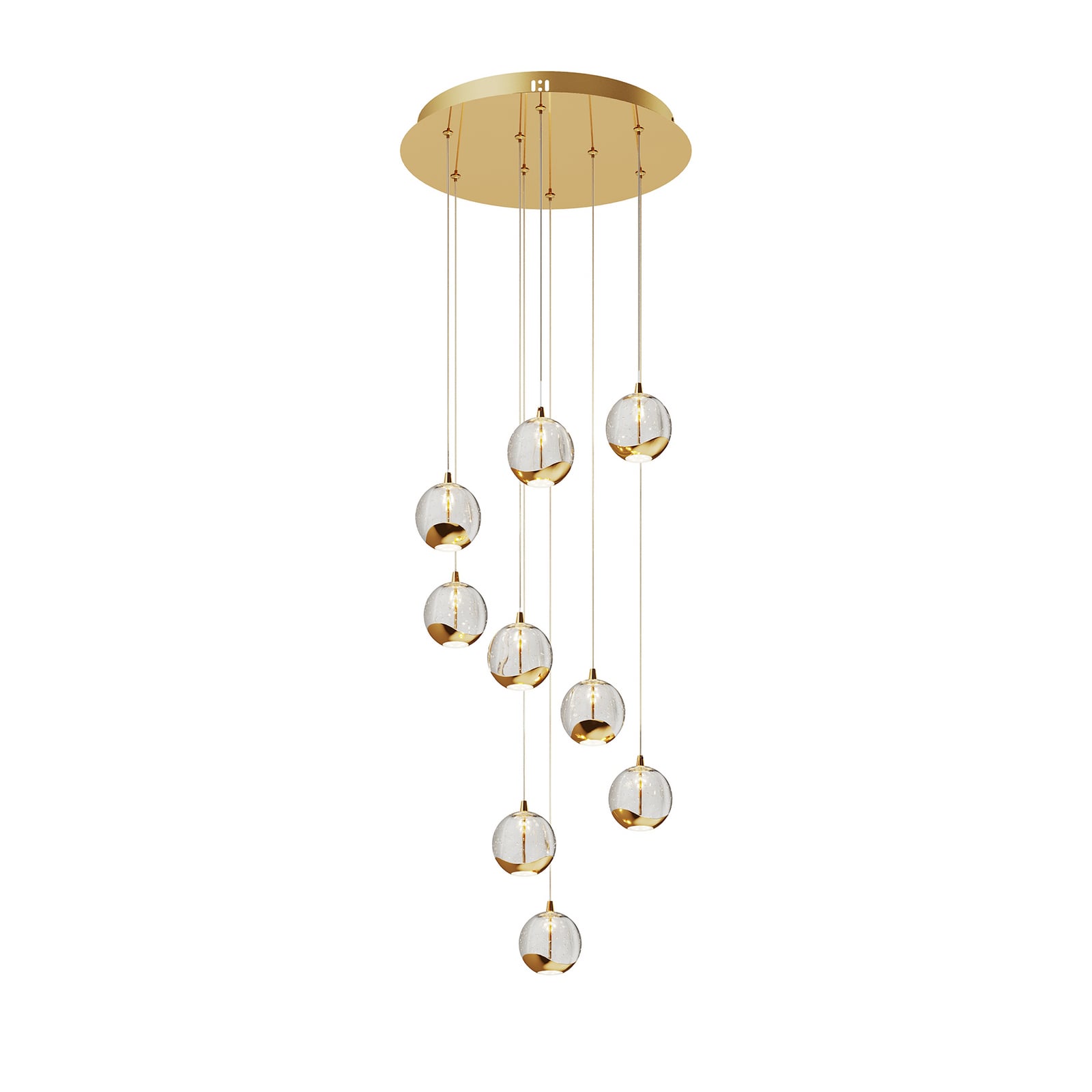 LED pendellampe Hayley 9-lys glass og gull sett fra siden