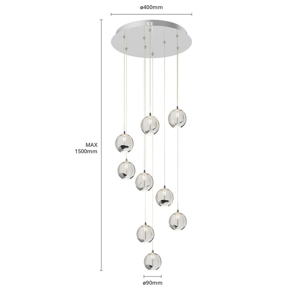 Detalj av LED pendellampe Hayley 9-lys glass krom Ø40 cm