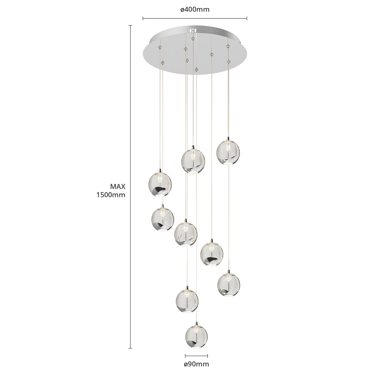 Detalj av LED pendellampe Hayley 9-lys glass krom Ø40 cm