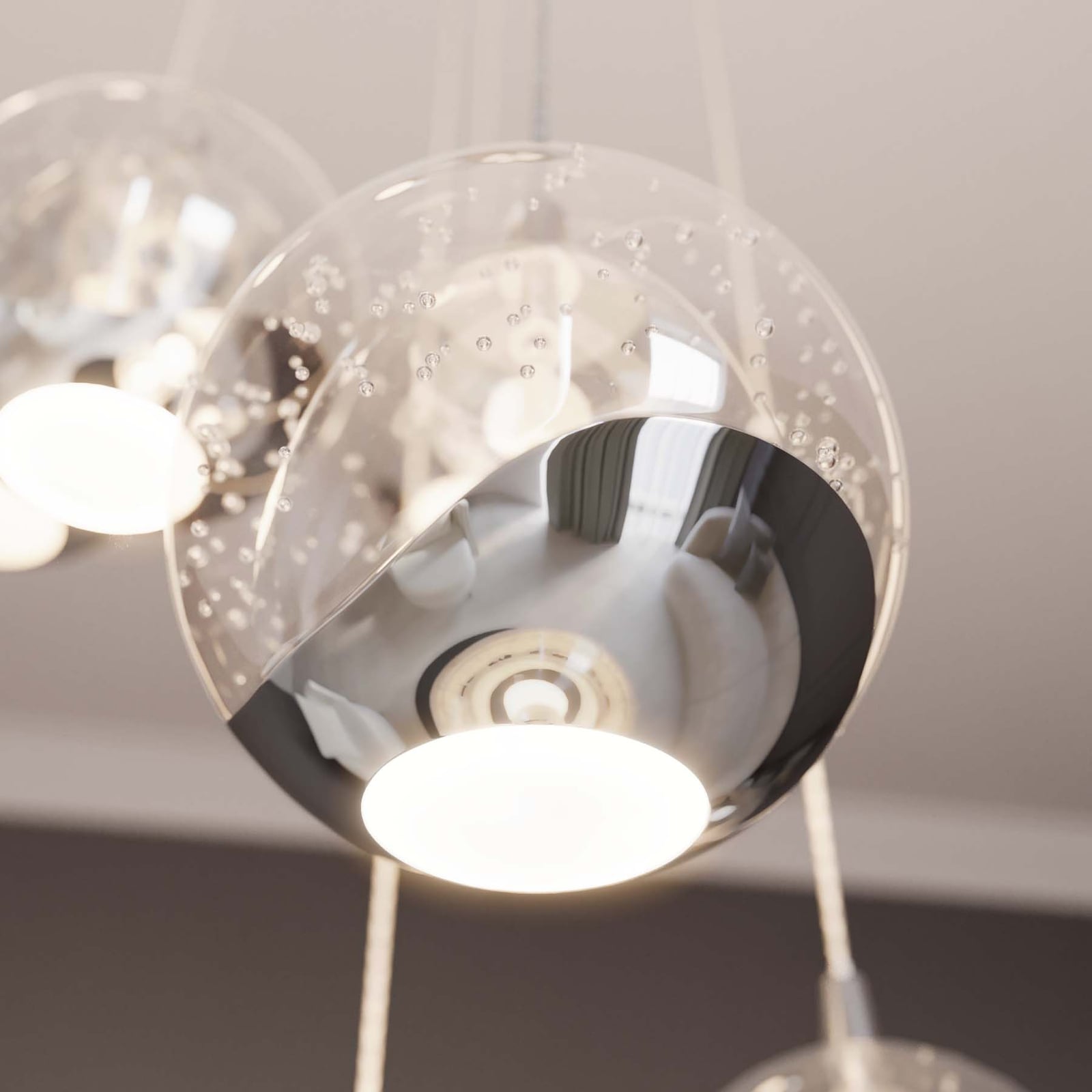 LED pendellampe Hayley 9-lys glass krom Ø40 cm montert i rom
