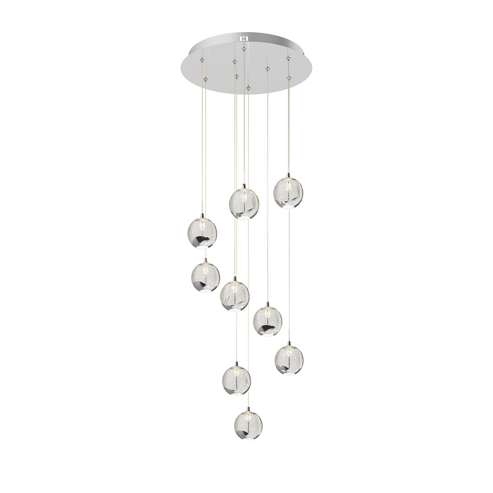 Nærbilde av glassdetaljer på LED pendellampe Hayley 9-lys