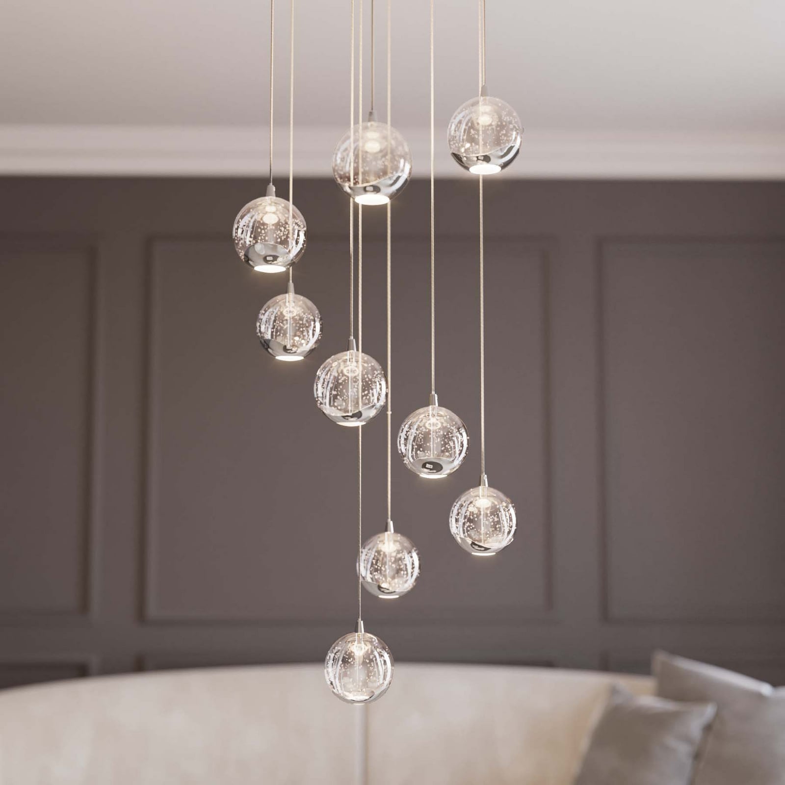 LED pendellampe Hayley 9-lys glass krom Ø40 cm oppheng