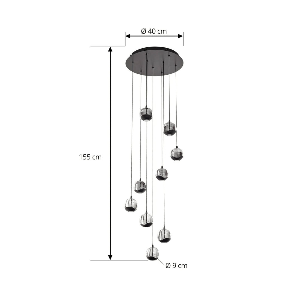 LED pendellampe Hayley 9-lys glass svart detalj av glass