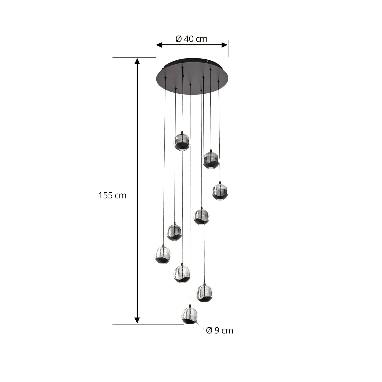 LED pendellampe Hayley 9-lys glass svart detalj av glass