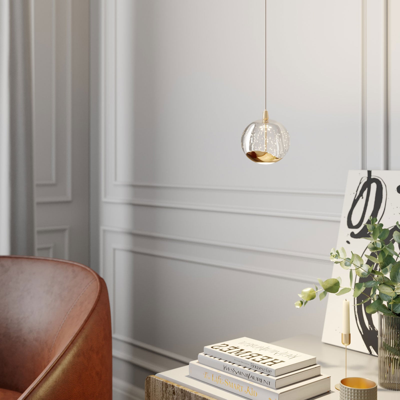 LED pendellampe Hayley glass gullfarget Ø9 cm 6W montert i rom