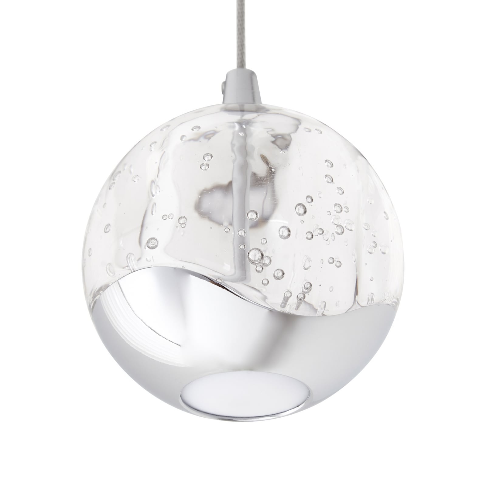 LED pendellampe Hayley glass kuleform krom Ø9 cm nærbilde av kromdetaljer