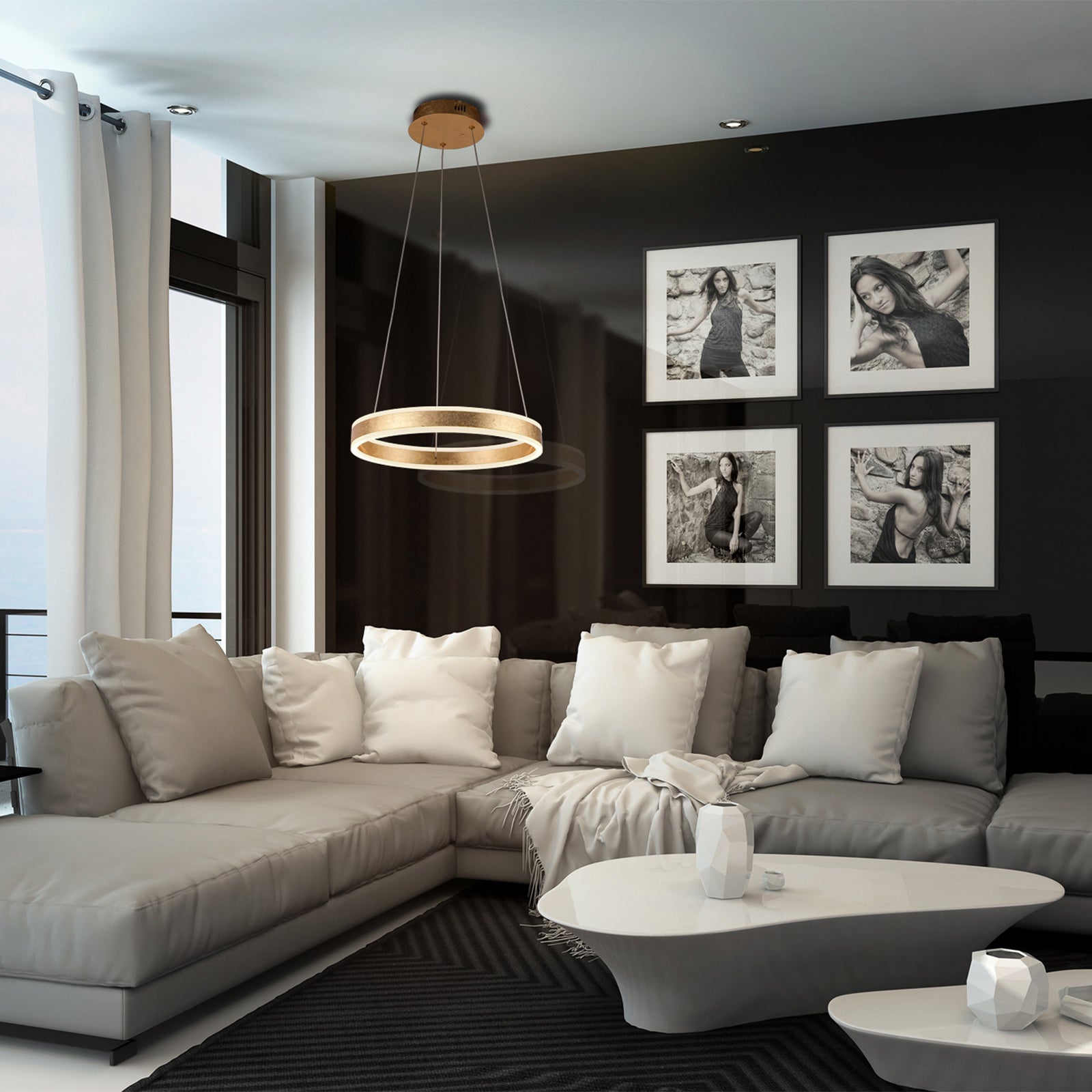LED pendellampe Helia ringformet gull Ø50 cm detalj av design