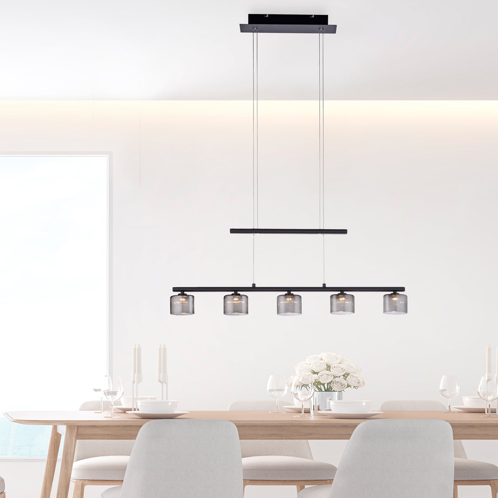 Detalj av LED pendellampe Hydra 5-lys glass røykfarget 80 cm