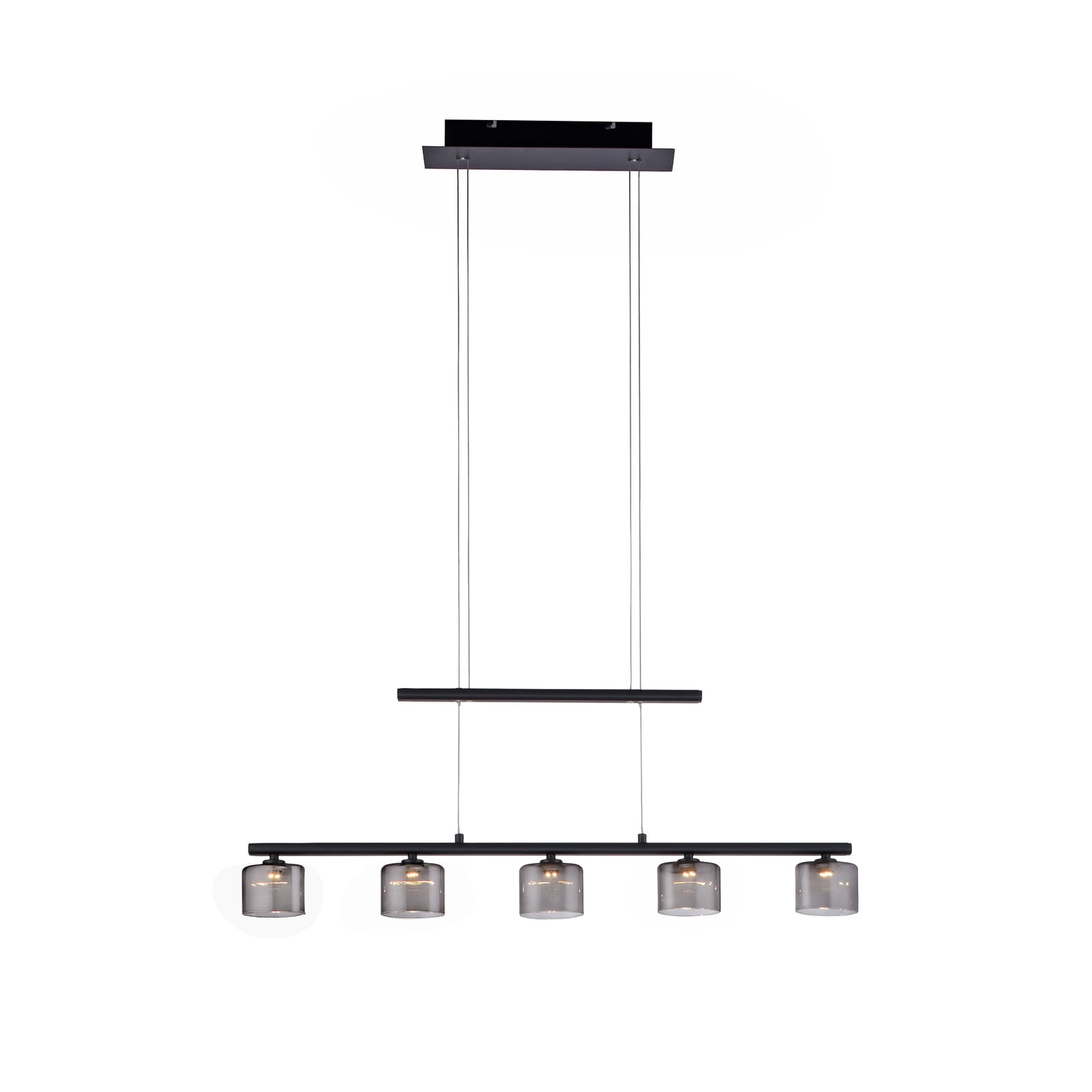 Nærbilde av glasslampe i LED pendellampe Hydra 5-lys glass røykfarget 80 cm