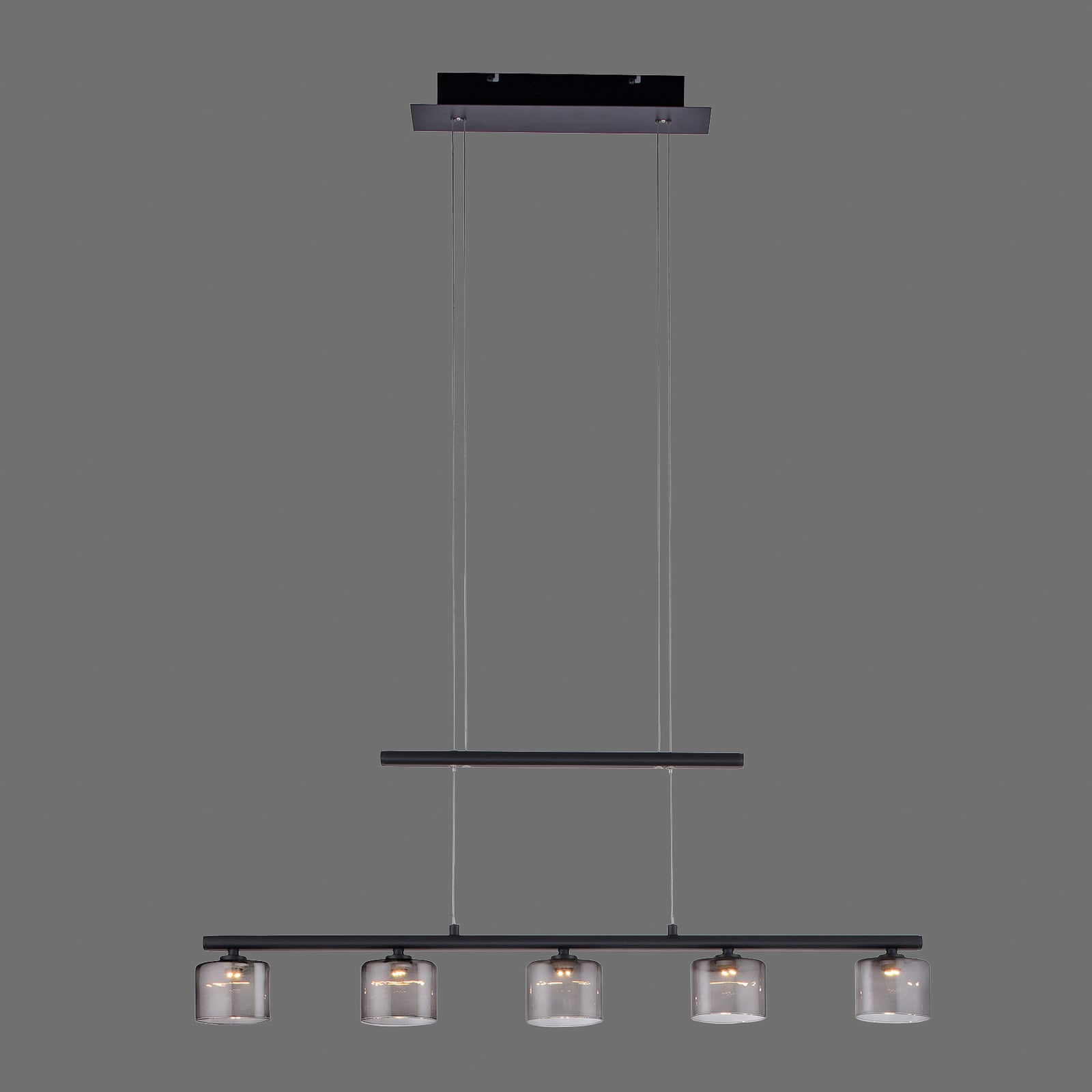 LED pendellampe Hydra 5-lys glass røykfarget 80 cm montert over spisebord