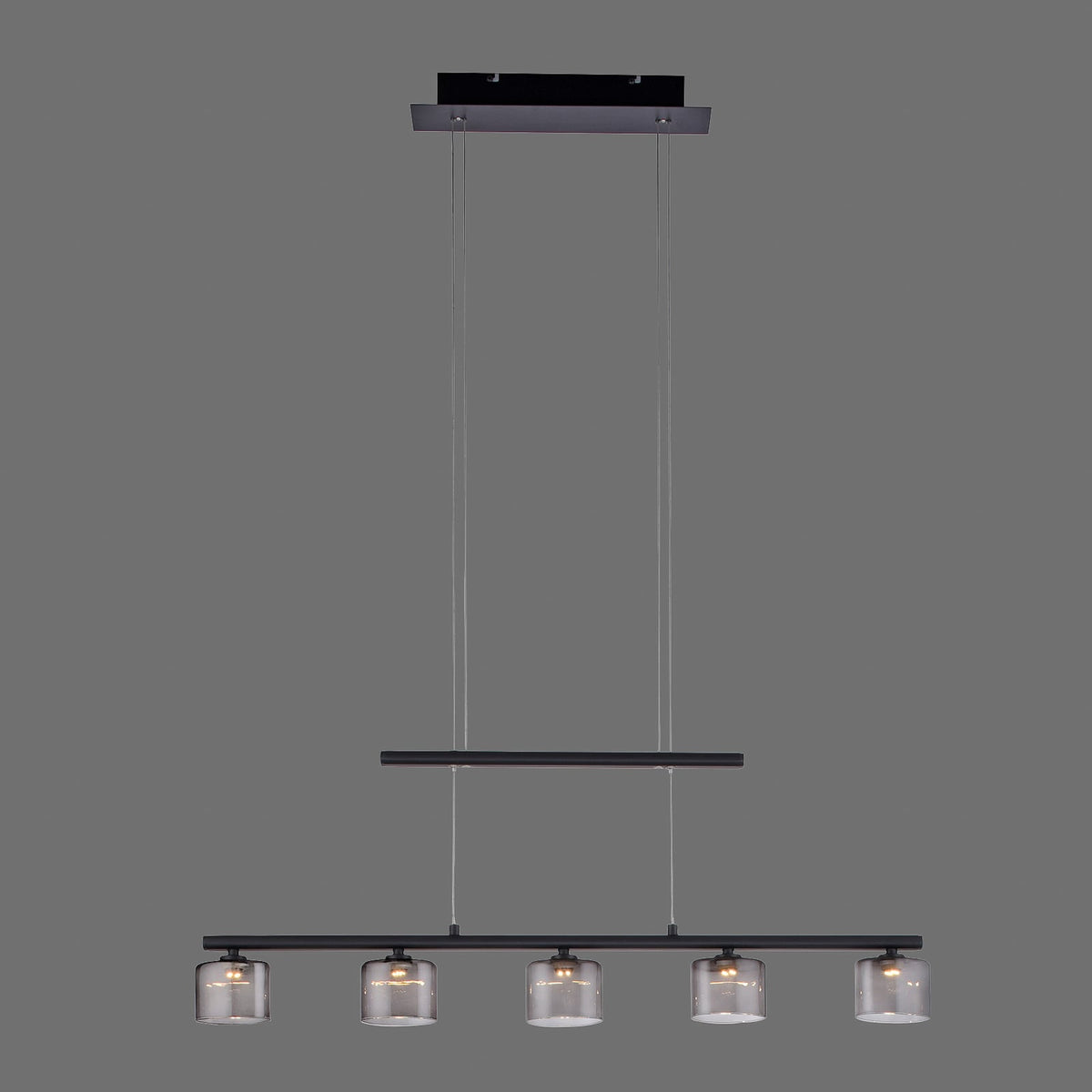 LED pendellampe Hydra 5-lys glass røykfarget 80 cm montert over spisebord