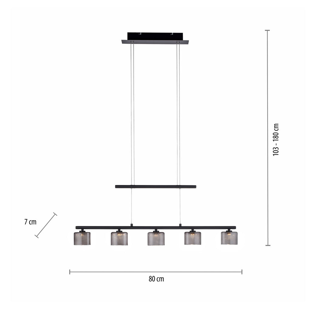 Sidevisning av LED pendellampe Hydra 5-lys glass røykfarget 80 cm