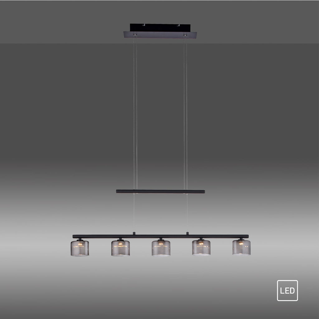 LED pendellampe Hydra 5-lys glass røykfarget 80 cm med justerbar høyde