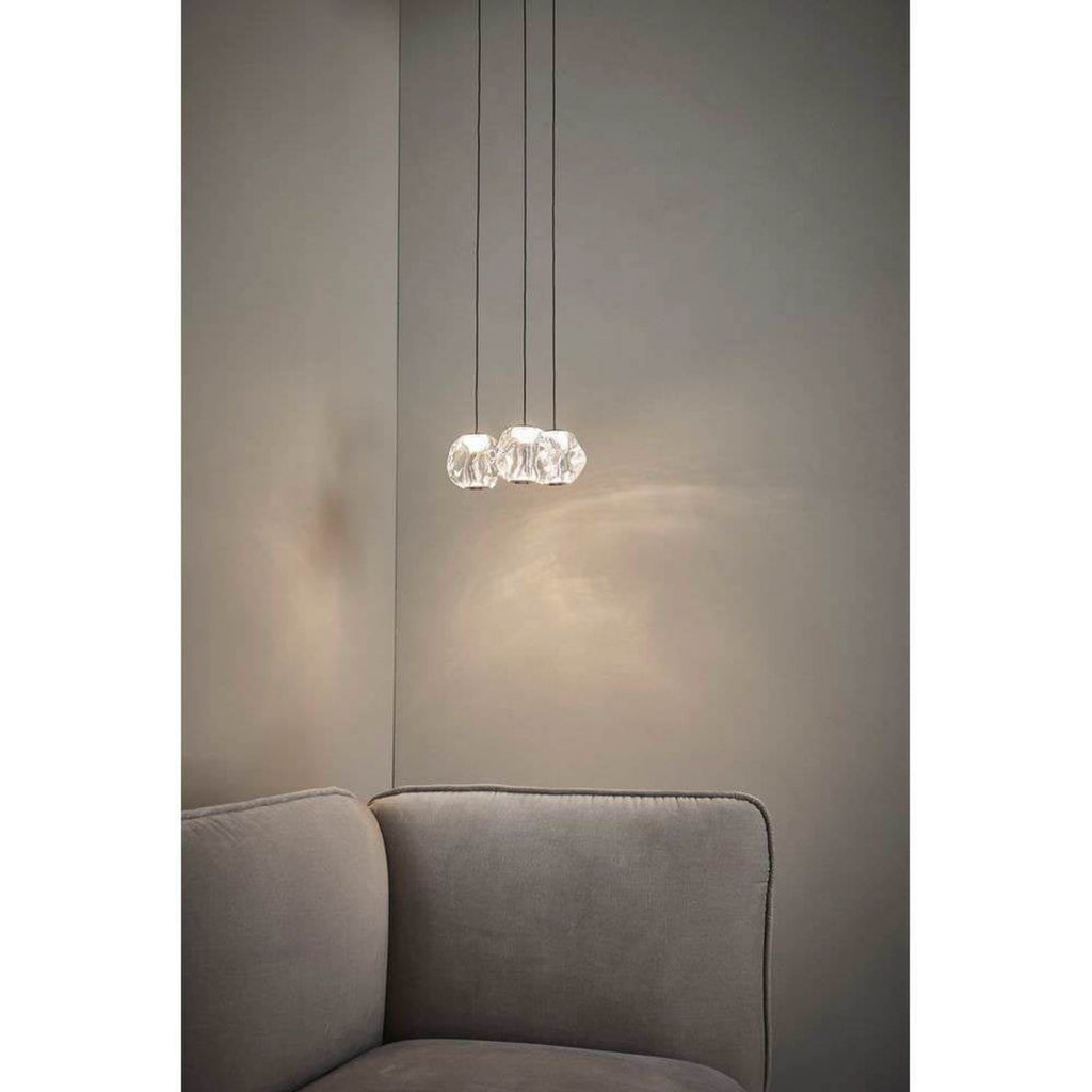 LED pendellampe Ice Ball 3-lys klar akryl Ø30 cm dimbar montert i rom