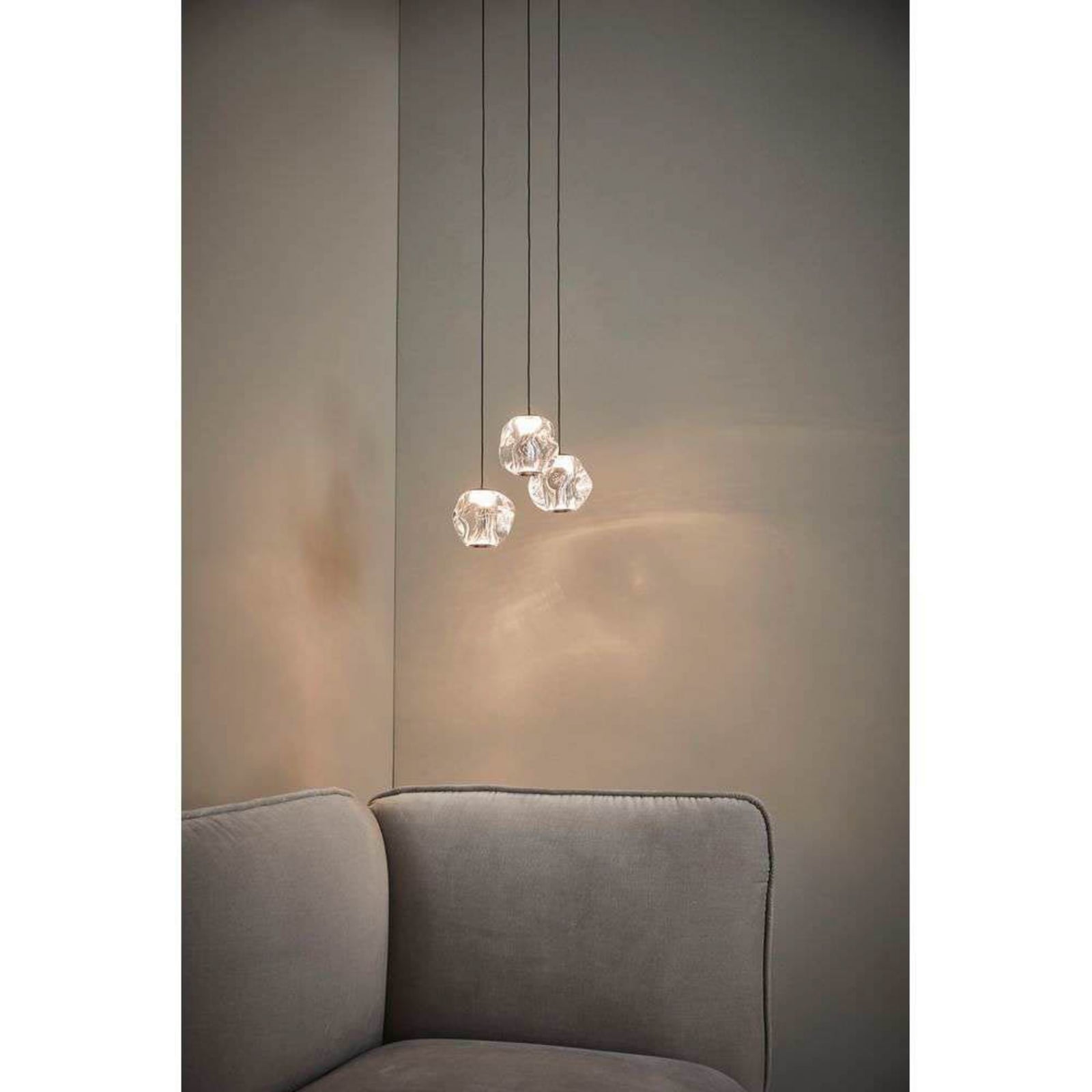 LED pendellampe Ice Ball 3-lys klar akryl Ø30 cm dimbar nærbilde av skjerm
