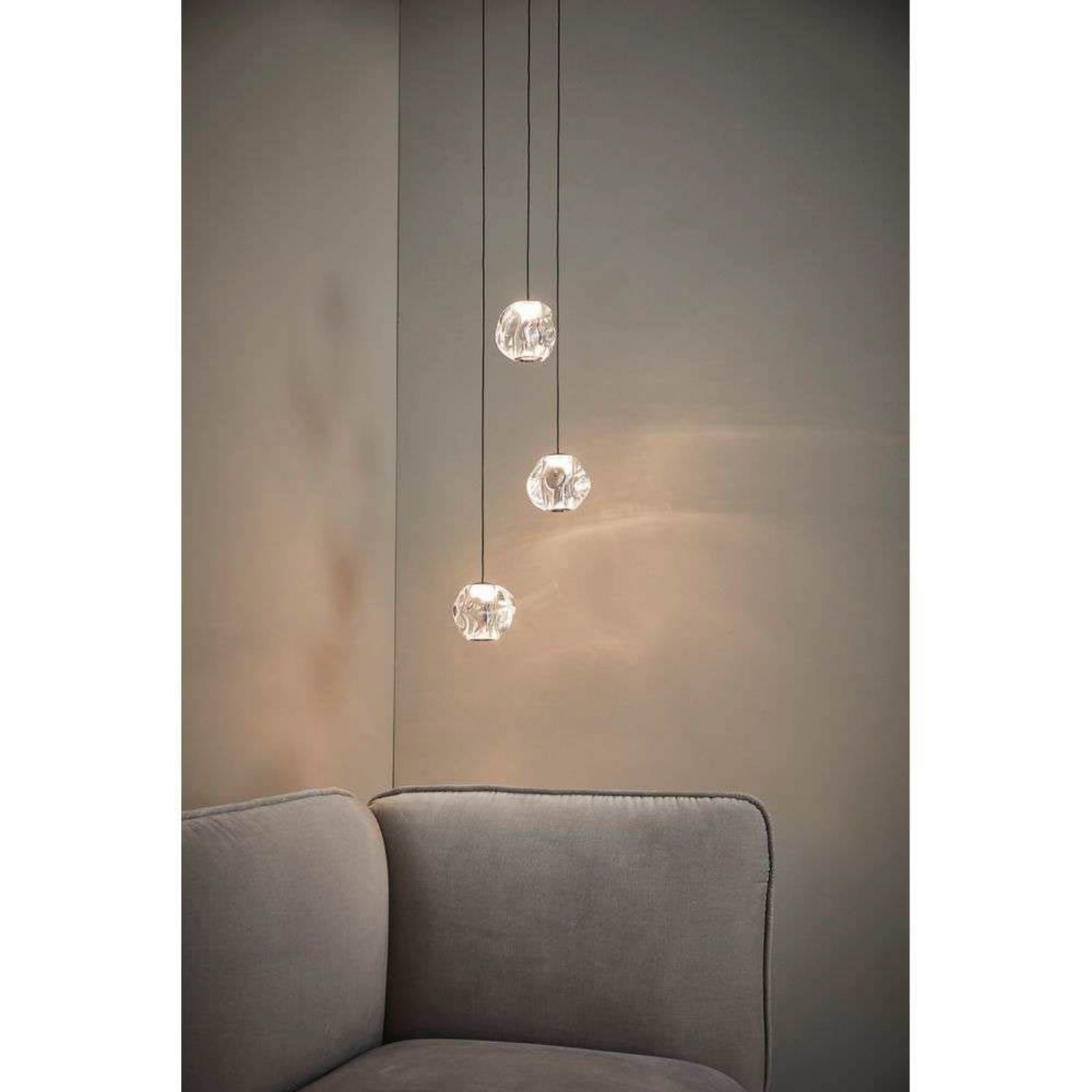 LED pendellampe Ice Ball 3-lys klar akryl Ø30 cm dimbar sideprofil