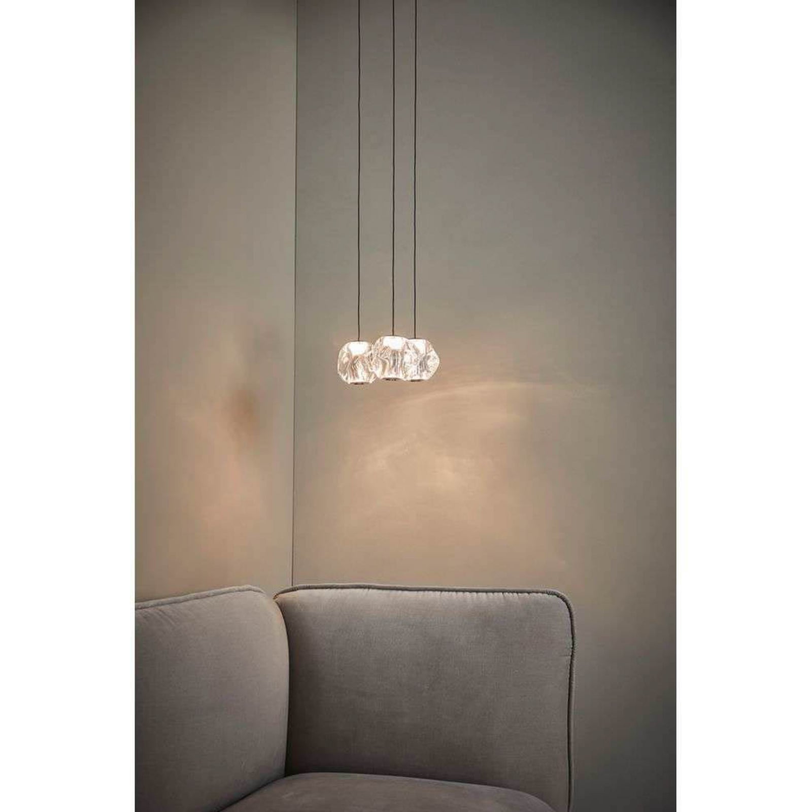LED pendellampe Ice Ball 3-lys klar akryl Ø30 cm dimbar detalj av oppheng