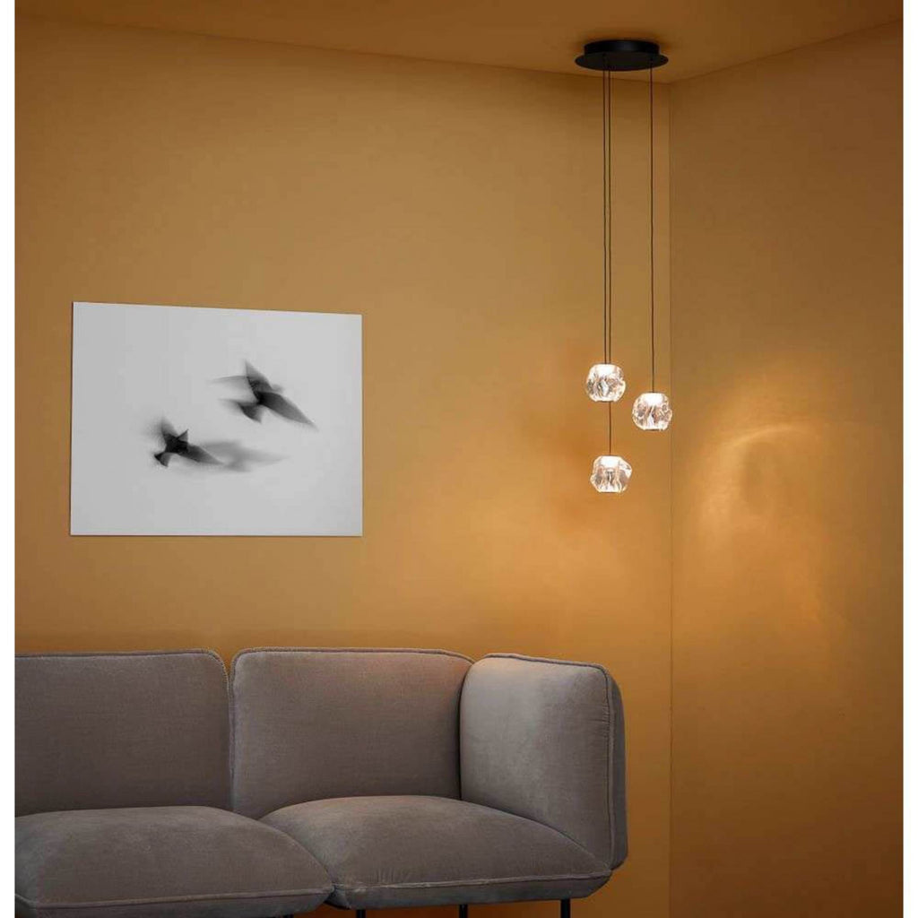 LED pendellampe Ice Ball 3-lys klar akryl Ø30 cm dimbar lysdetaljer
