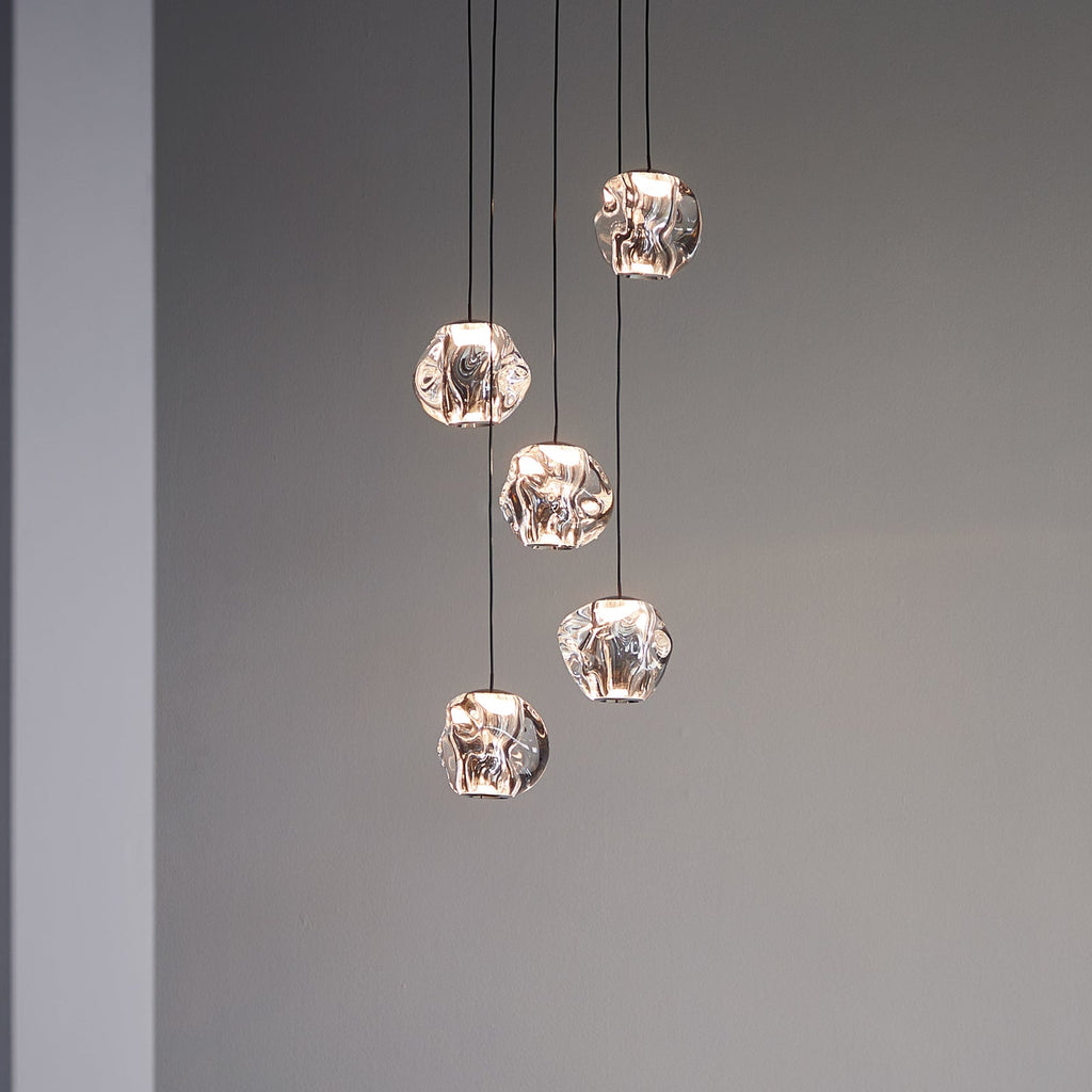 LED pendellampe Ice Ball 5-lys akryl krom/klar forfra