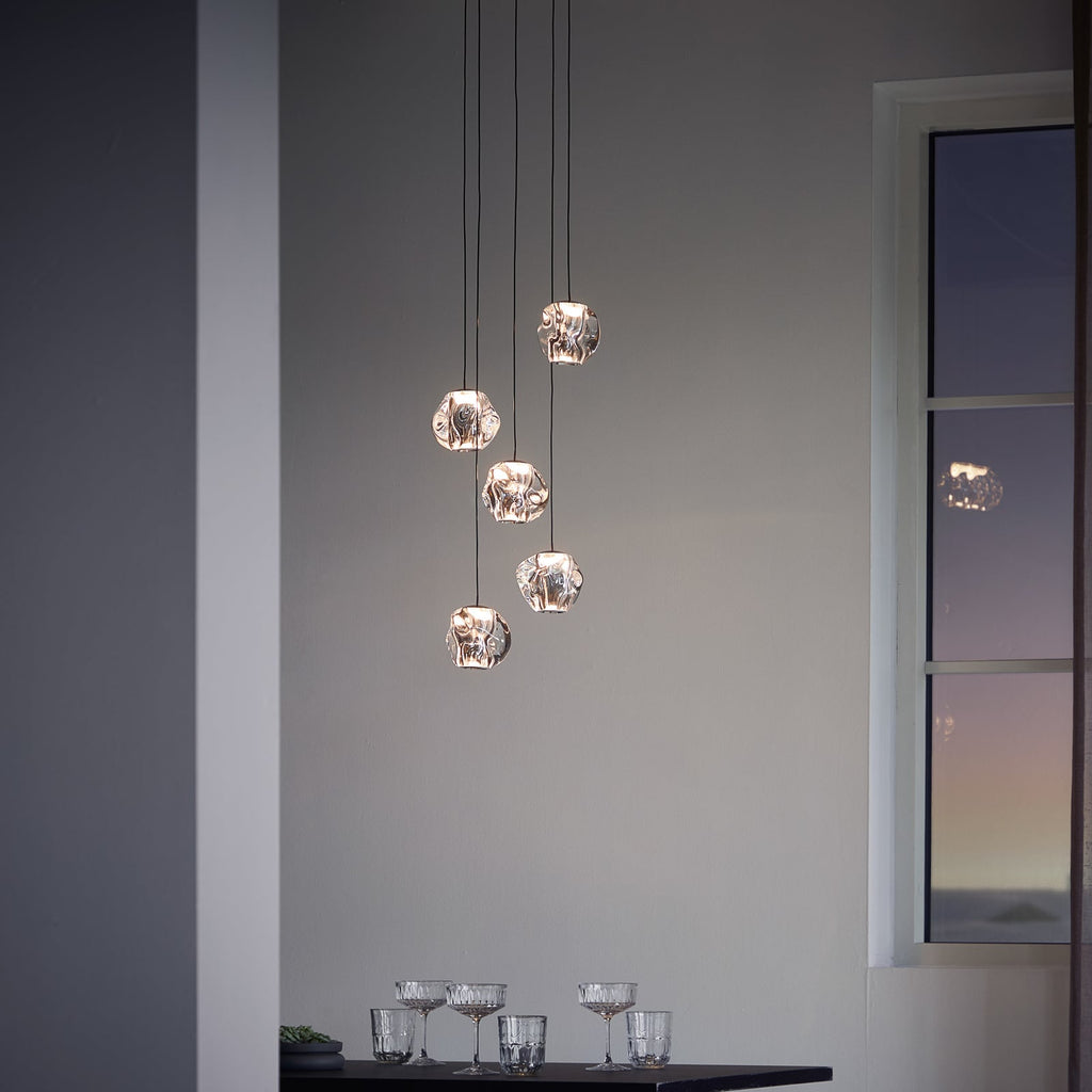 LED pendellampe Ice Ball 5-lys akryl krom/klar bakside