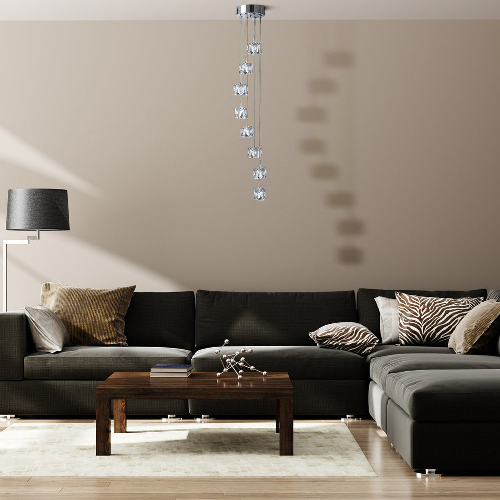 Bakside av LED pendellampe Ice Cube 8-lys krom krystallglass