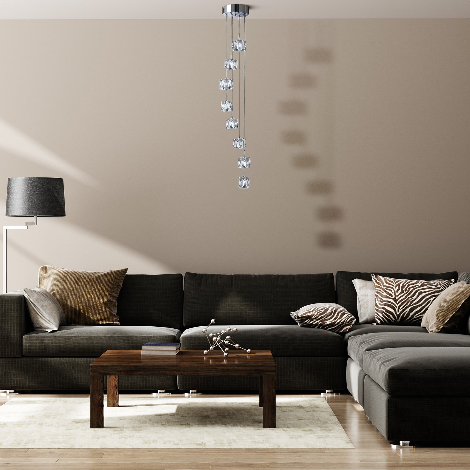 Bakside av LED pendellampe Ice Cube 8-lys krom krystallglass