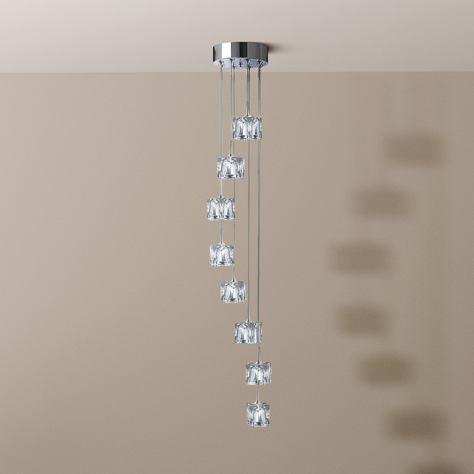 LED pendellampe Ice Cube 8-lys krom krystallglass forfra