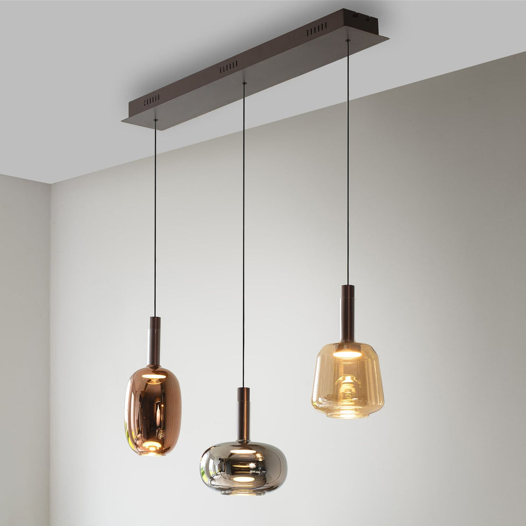 LED pendellampe Irides 3-lys farget glass 90 cm dimbar forfra