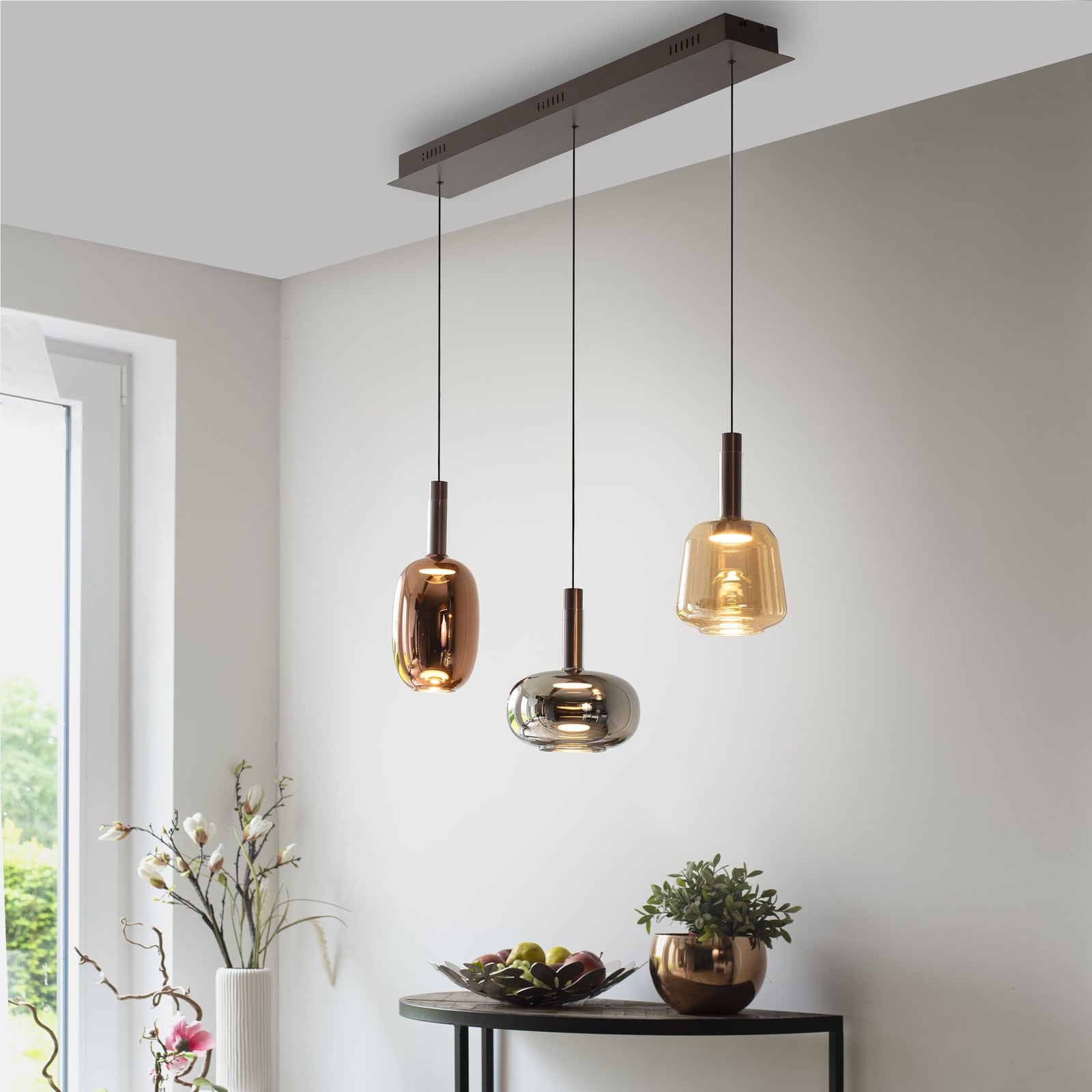 LED pendellampe Irides 3-lys farget glass 90 cm dimbar bakside