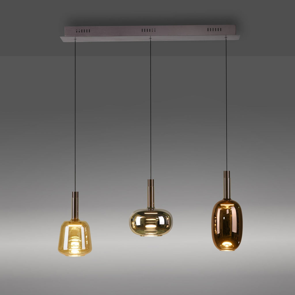 LED pendellampe Irides 3-lys farget glass 90 cm dimbar montert i rom