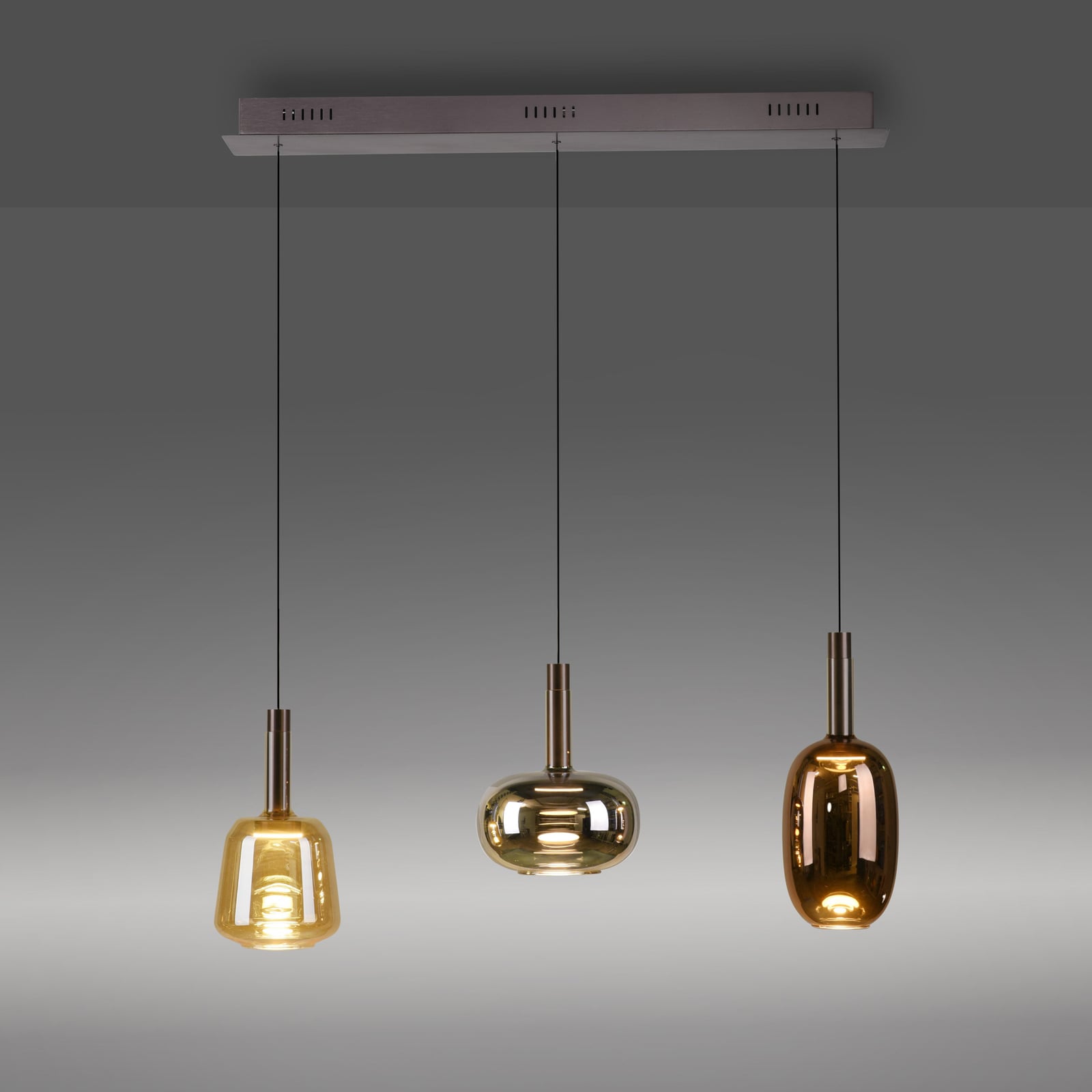 LED pendellampe Irides 3-lys farget glass 90 cm dimbar montert i rom