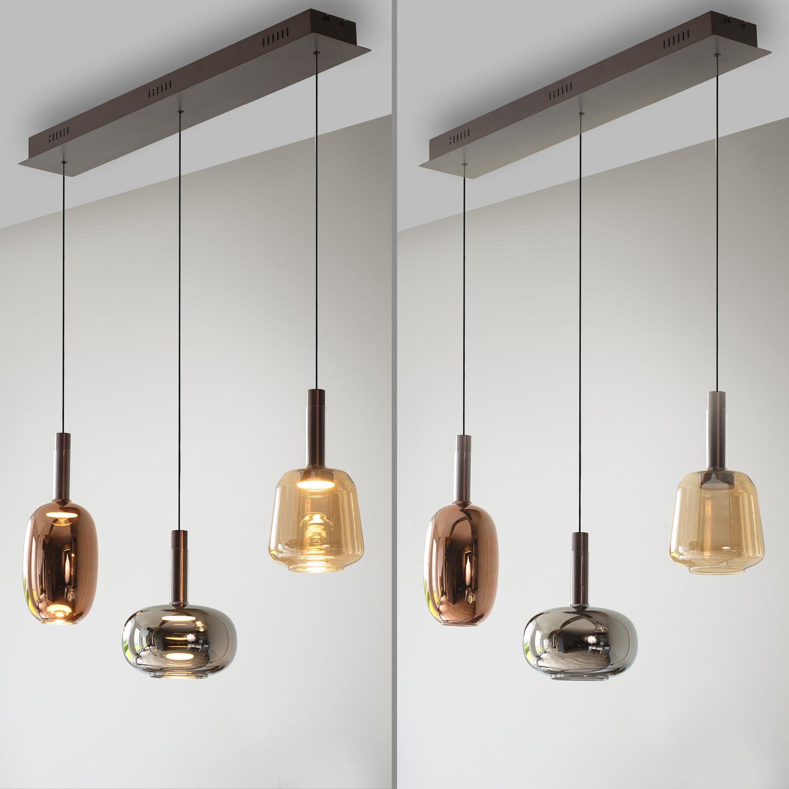 LED pendellampe Irides 3-lys farget glass 90 cm dimbar høydejustering