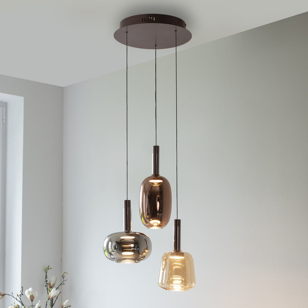 LED pendellampe Irides 3-lys farget glass dimbar Ø43 cm forfra