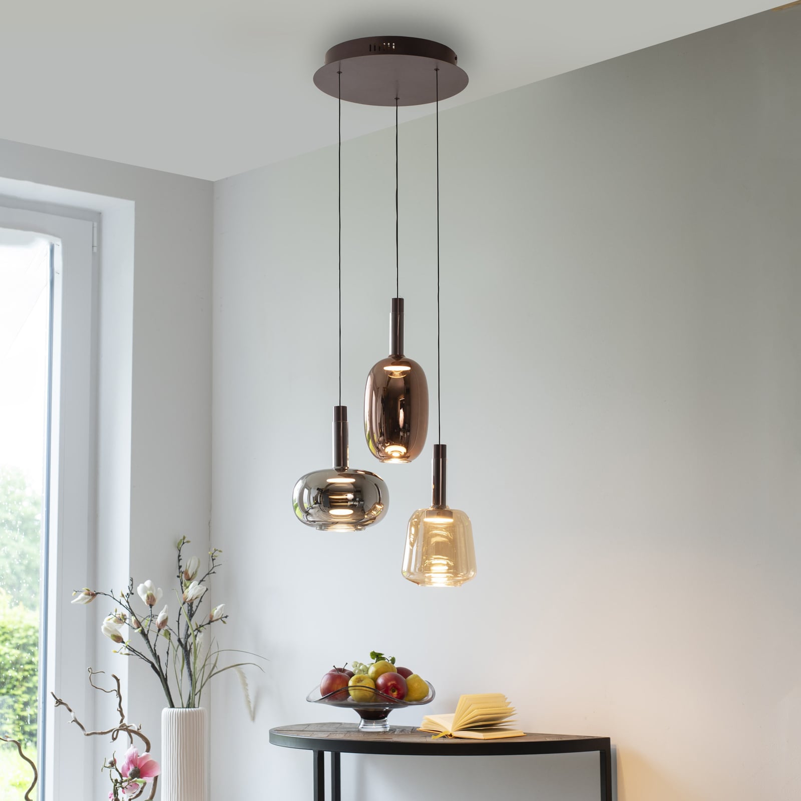LED pendellampe Irides 3-lys farget glass dimbar Ø43 cm bakside